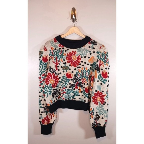 FARM Rio Sweaters - Farm Rio Cropped Mushroom Fairy Whimsy Floral Women's Sweater Size XL New